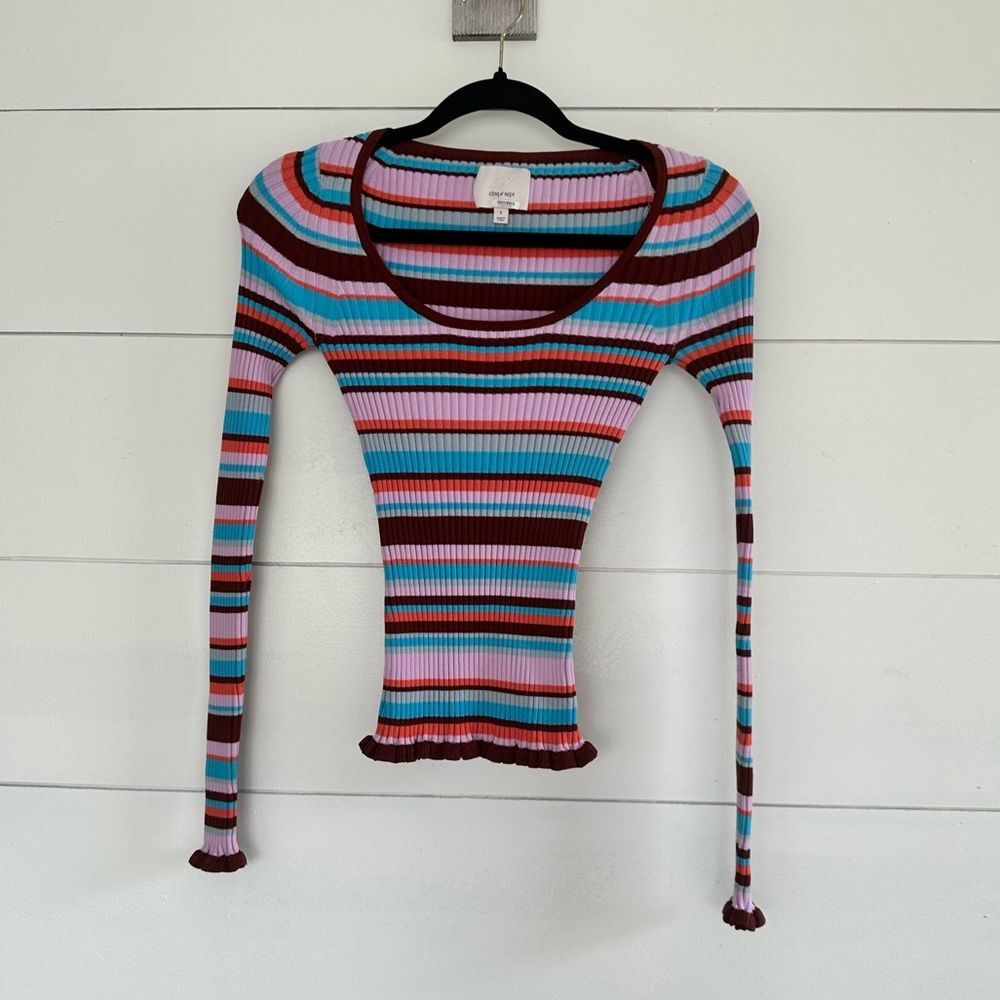 Cinq A Sept Women’s Small Striped Ribbed Lettuce Hem Longsleeve Top